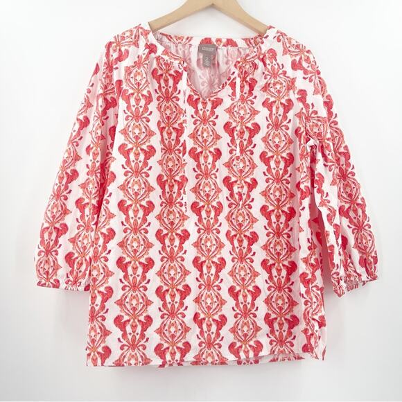 CHICO’S Tunic Size Large Contrast Medallion Feminine Popover Top Stretch Cotton - Picture 2 of 15